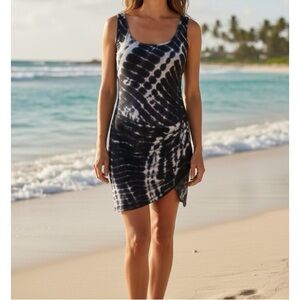 See You Monday Tie Dye Fitted Dress, Faux Wrap, Navy/White, Sleeveless, …